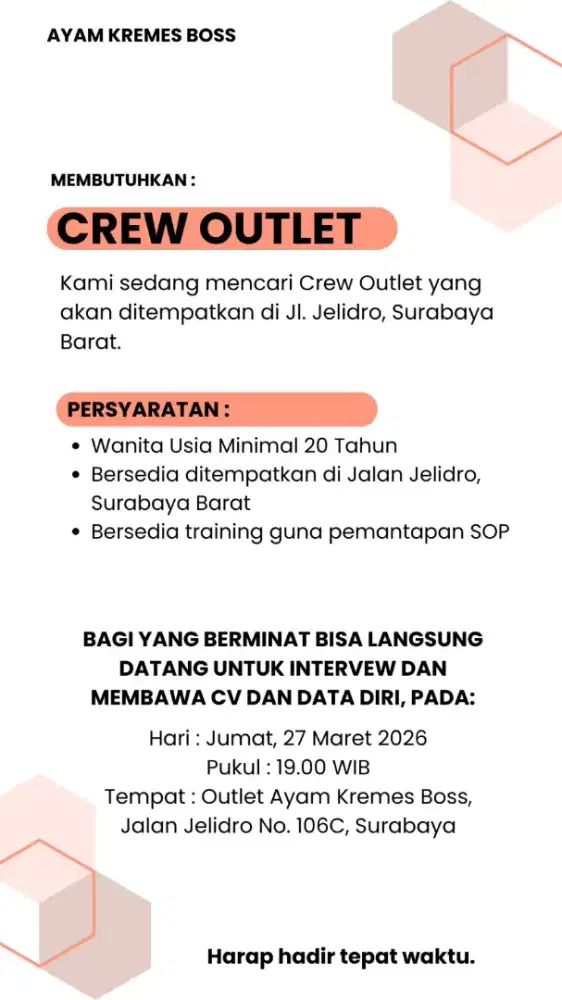 Dibutuhkan crew outlet ayam goreng