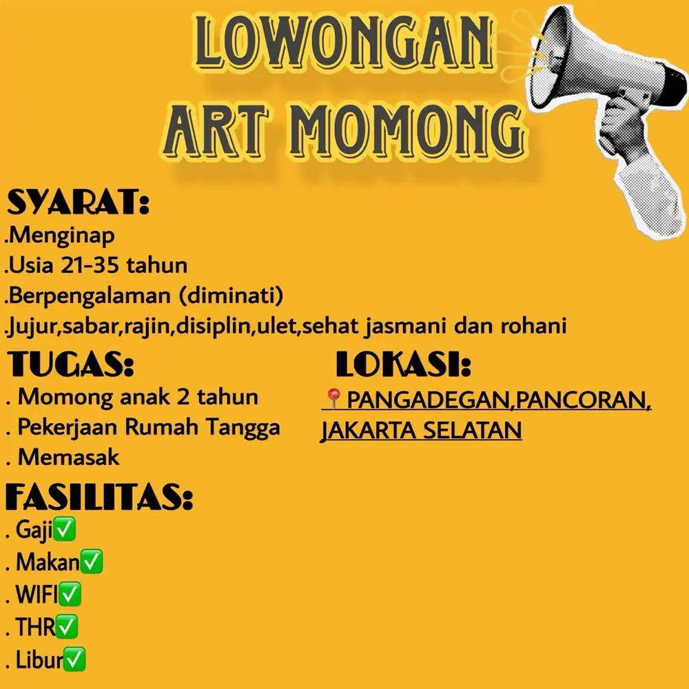 Dibutuhkan ART MOMONG(nginep)
