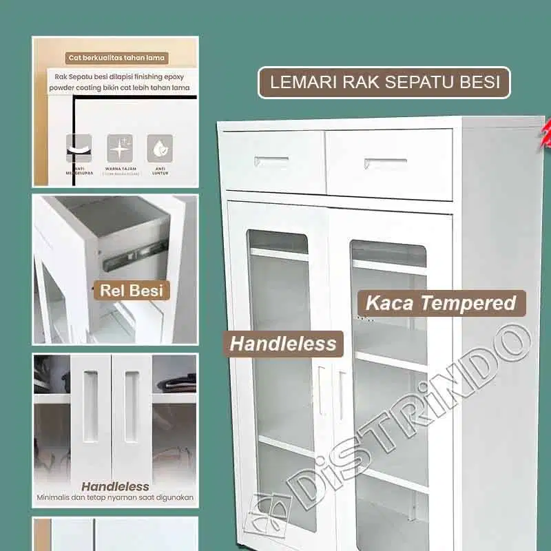 DISTRINDO Lemari Sepatu Besi Dengan Laci Pintu Kaca Tempered
