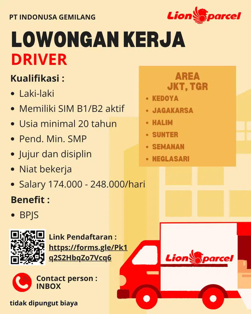 LOWONGAN KERJA DRIVER SIM B1/B2 LION PARCEL (JAKARTA & TANGERANG)