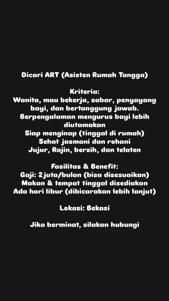 Pengasuh bayi & ART (Menginap)