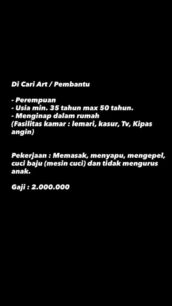Di cari ART / Pembantu Rumah Tangga