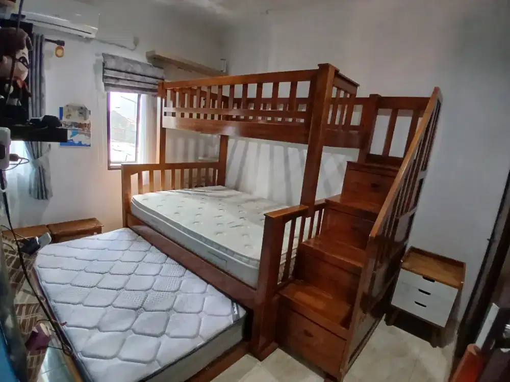 Kasur tingkat full jati 3 susun dan lemari sliding 3 pintu