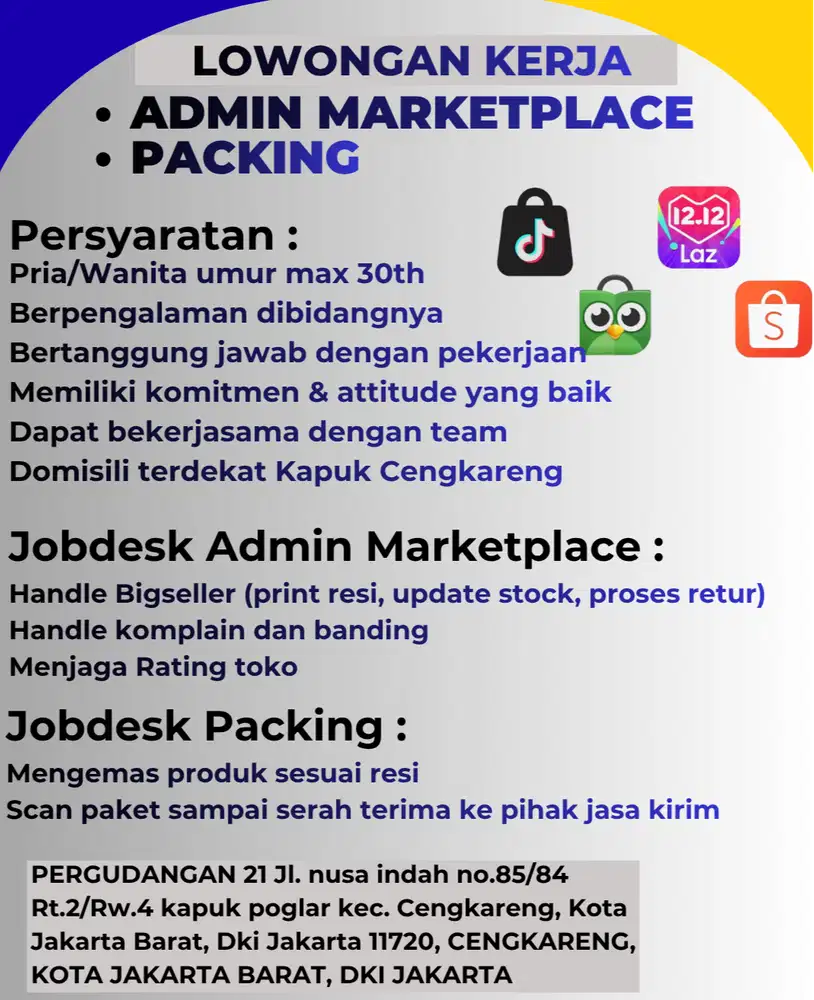 Dibutuhkan segera admin marketplace dan packing