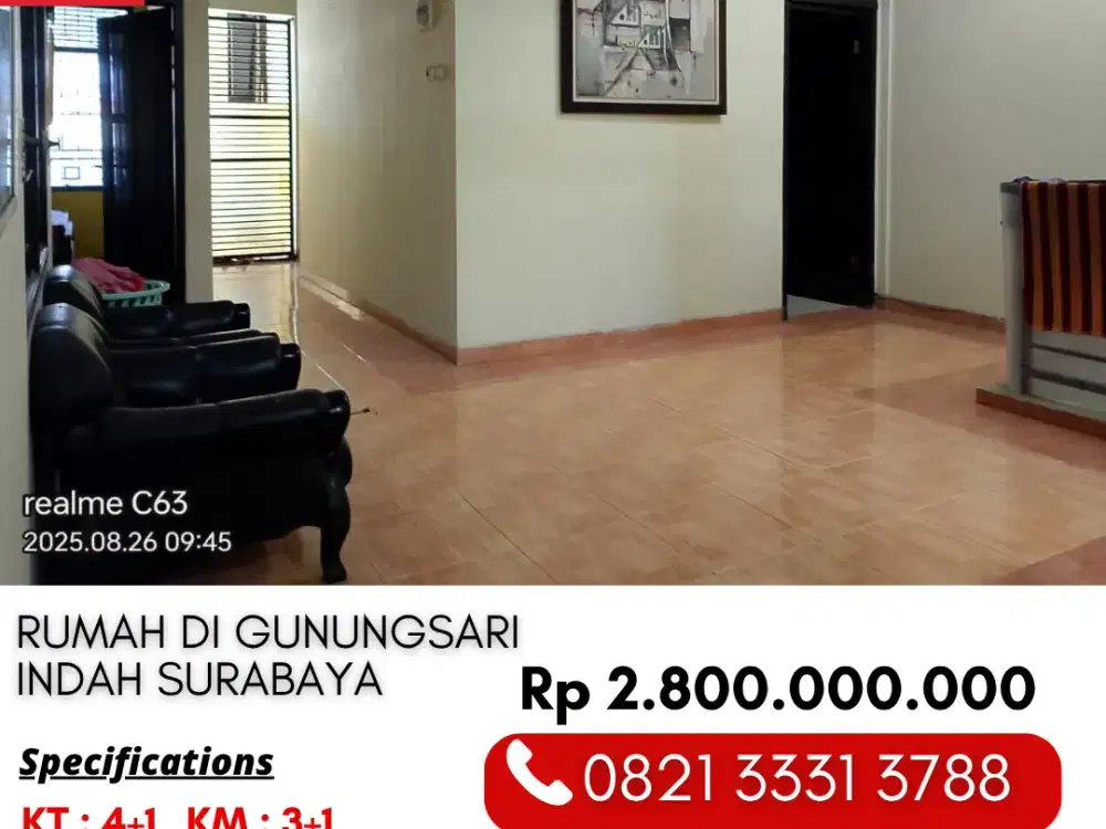 Dijual Rumah 4 Kamar di Jalan Utama Perumahan Gunungsari Indah Wiyung Surabaya