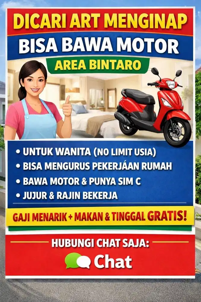 DICARI ART MENGINAP DAN BISA BAWA MOTOR