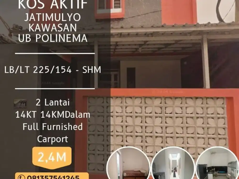 Rumah Kos aktif dijual di Malang 14Kt+14Km bunga-2 suhat UB Polinema