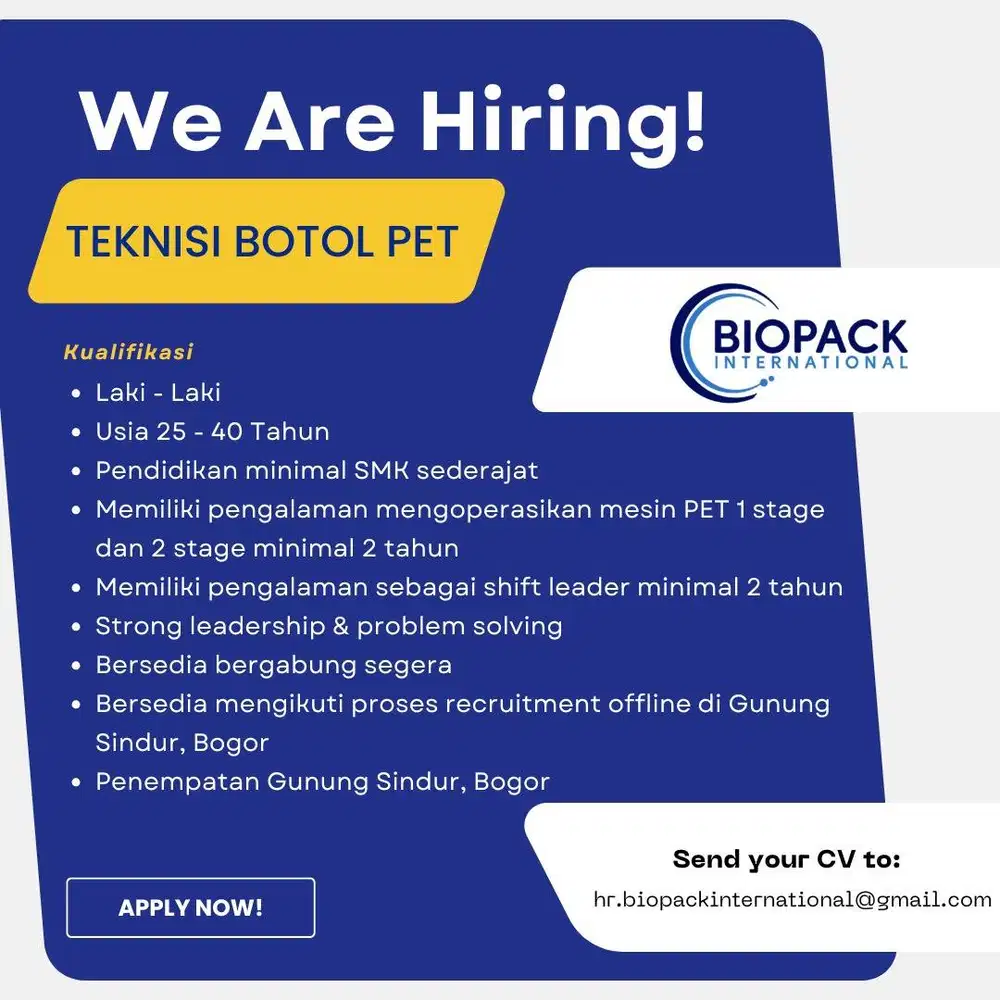 Lowongan Kerja Teknisi Botol PET