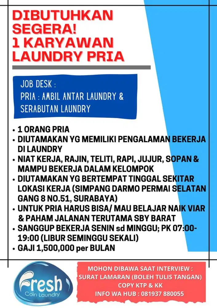 LOWONGAN KERJA LAUNDRY UNTUK PRIA