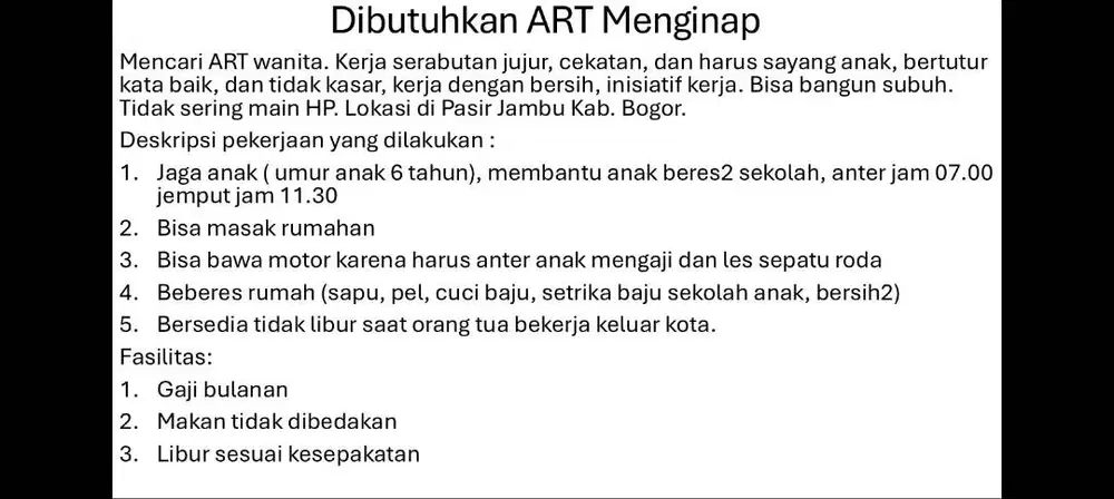 Lowongan kerja ART menginap