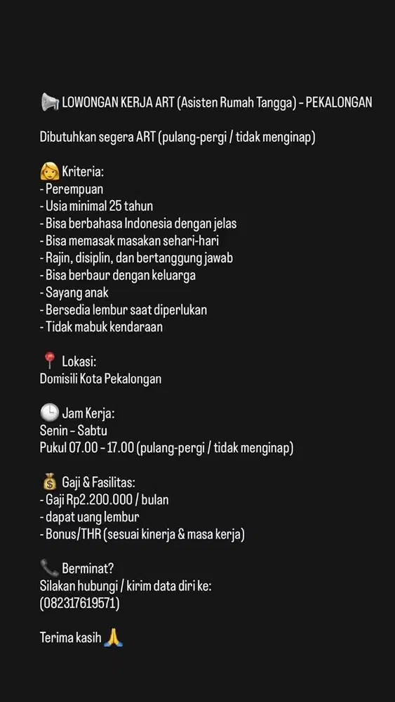 Di cari ART (Asisten Rumah Tangga)