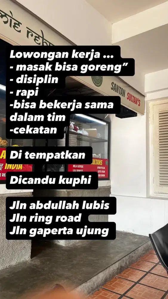 Dicari tukang masak lontong dan helper