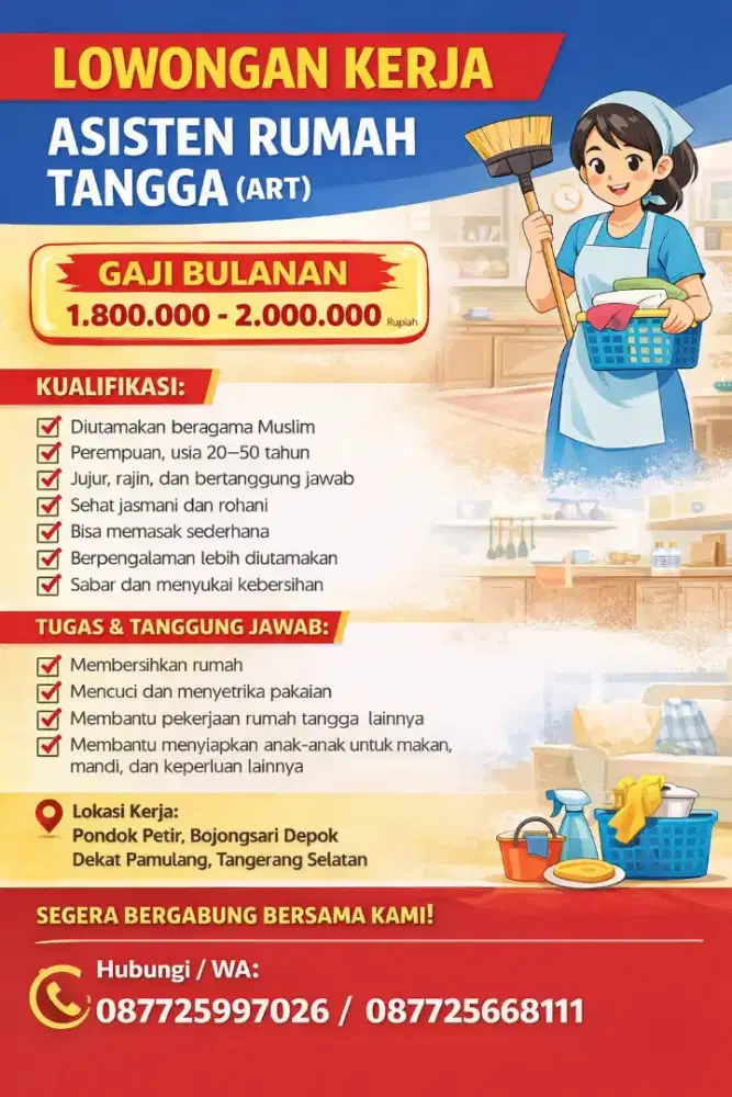 ASISTEN RUMAH TANGGA menginap atau PP