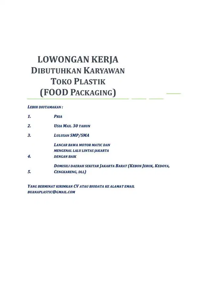 Dibutuhkan Karyawan Toko Plastic (Food Packaging)
