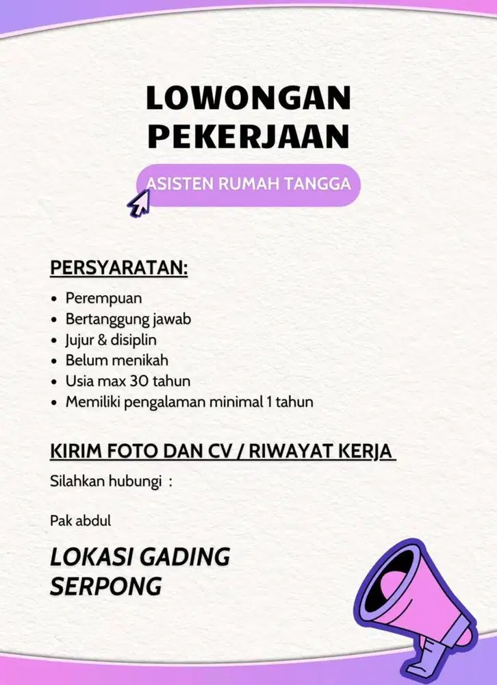 Lowongan ART Wanita - Gading Serpong (khusus menginap)