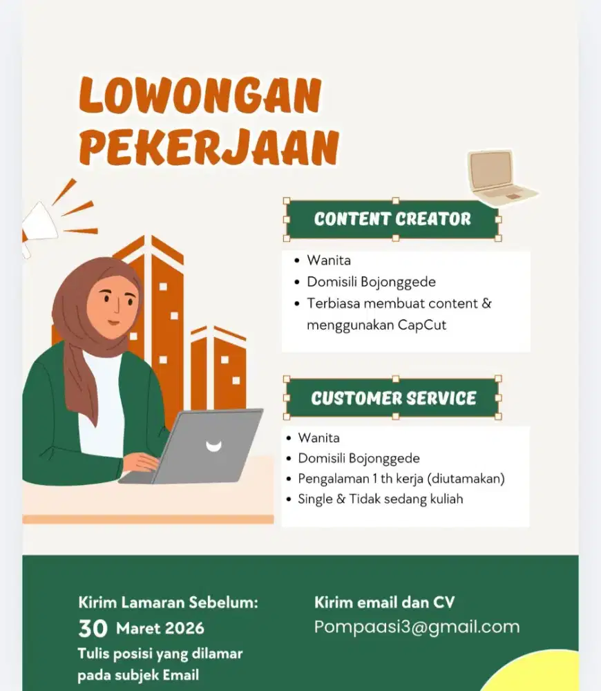 LOWONGAN PEKERJAAN CUSTOMER SERVICE DAN KONTEN KREATOR