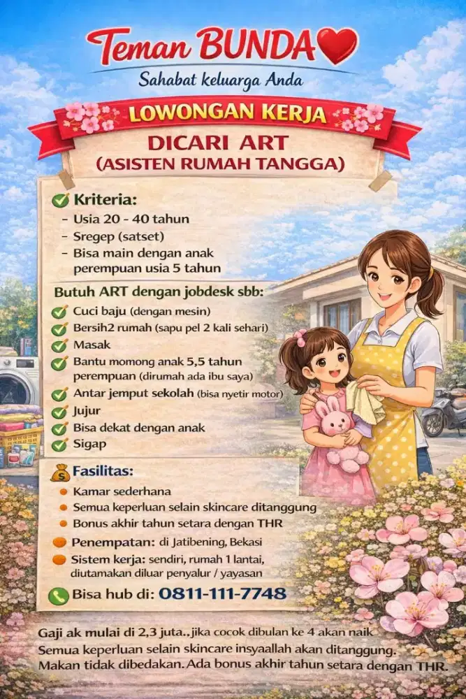 Dicari ART + BANTU MOMONG MENGINAP