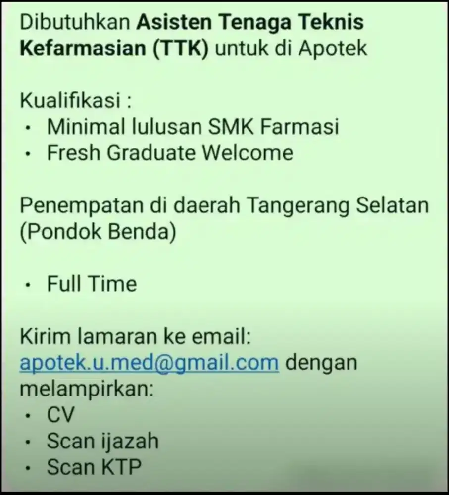 Dibutuhkan Lulusan SMK Farmasi untuk di Apotek