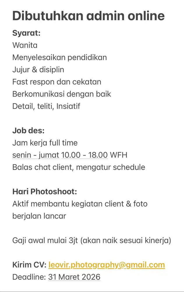 Dibutuhkan admin online/ assistant