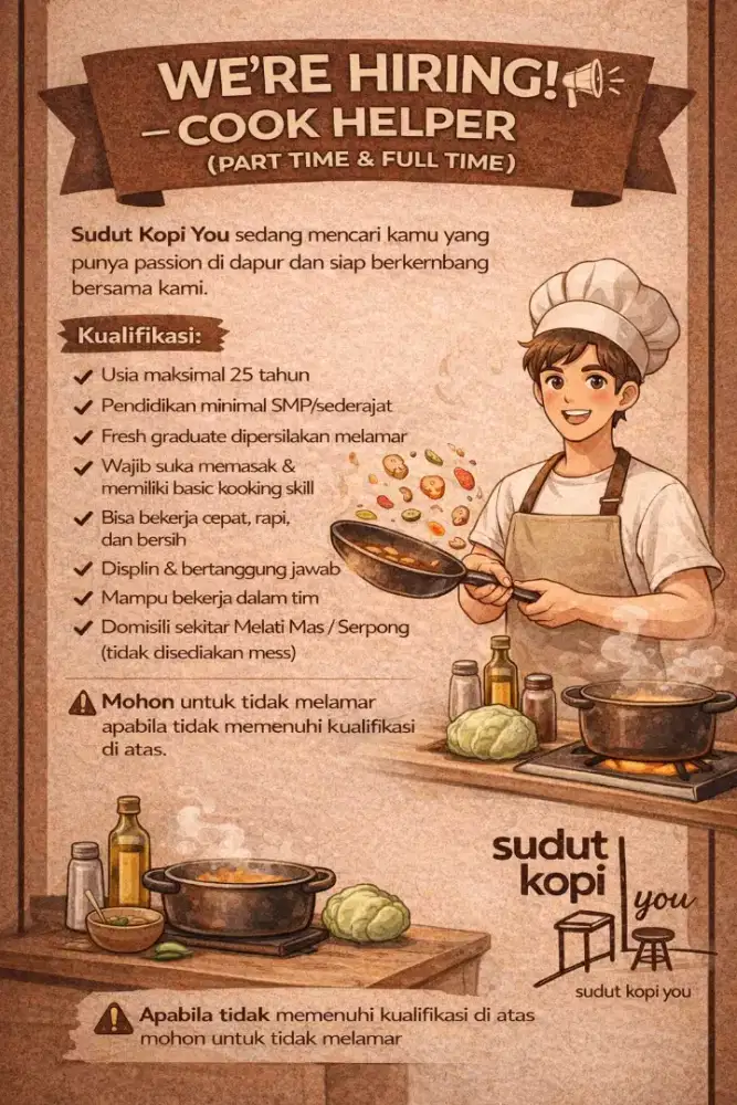 LOWONGAN KERJA COOK HELPER KOKI