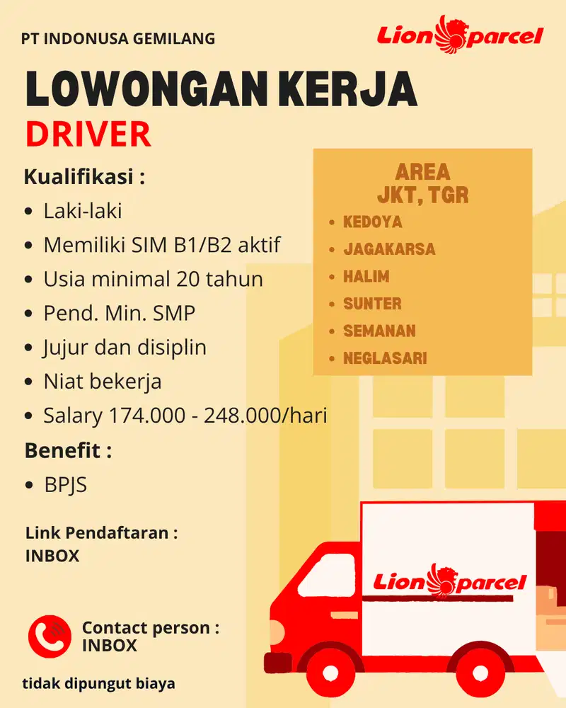 LOWONGAN DRIVER EKSPEDISI LION PARCEL SIM B1/B2 (JAKARTA & TANGERANG)