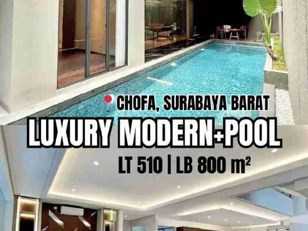 RUMAH BARU LUXURY FURNISHED 2 LANTAI WITH POOL DI CHOFA RESIDENCE 

Spesifikasi :

Luas Tanah : 510 m² 

Dimensi : 17x30

Luas Bangunan : 800 m²

Kamar Tidur : 5+1   

Kamar Mandi : 6+1 

Hadap : Barat

Listrik :13.500 Watt

Carport : 2 Mobil

Garasi : 2