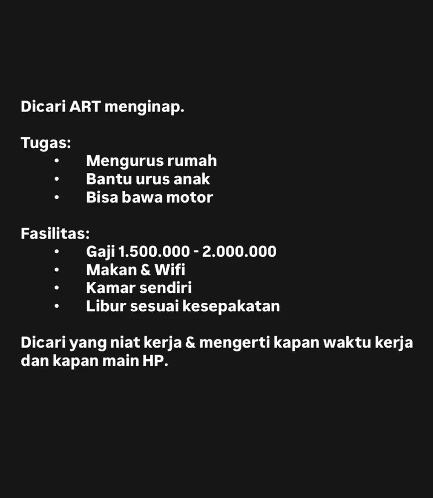 Lowongan ART Menginap