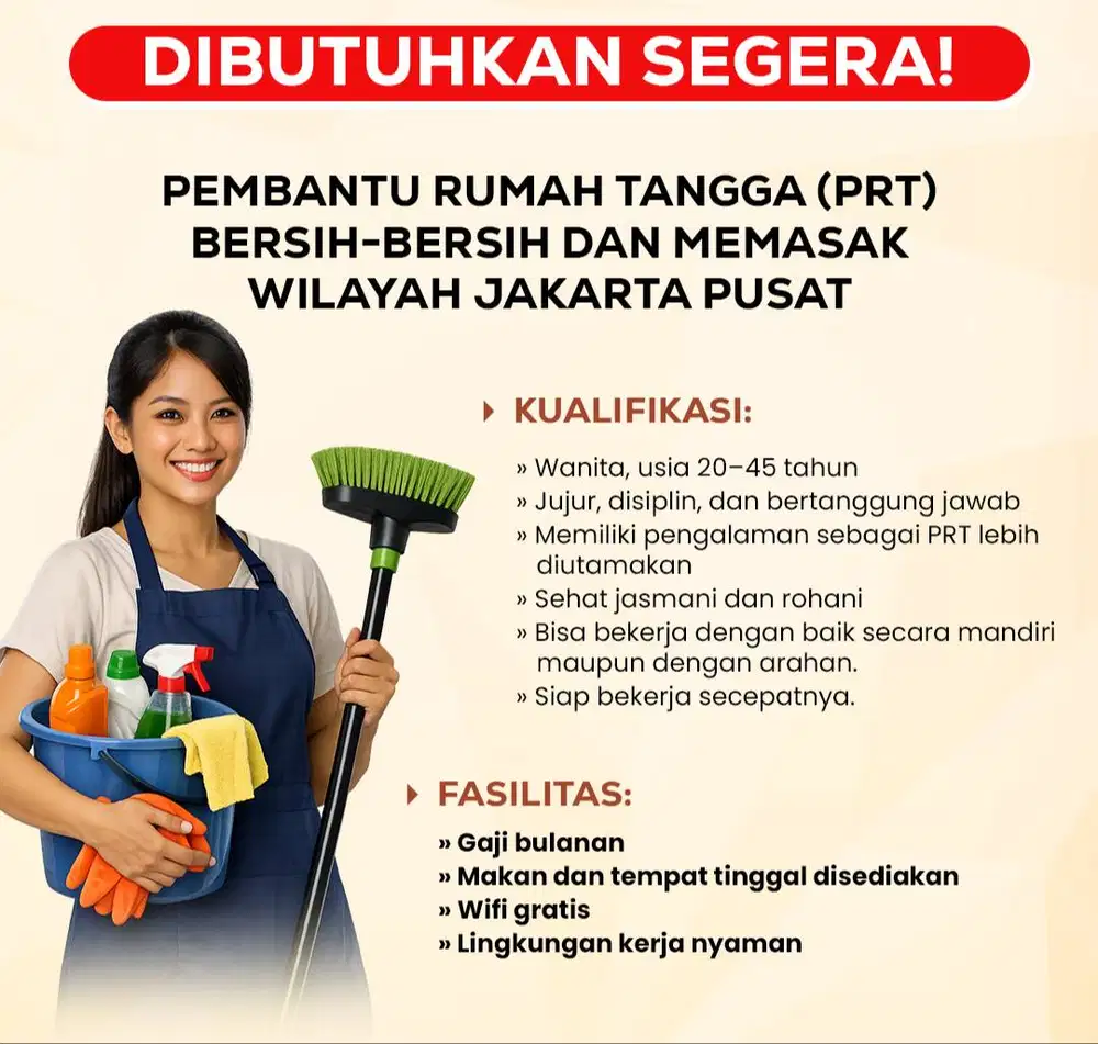 Pembantu Rumah Tangga (PRT) bersih-bersih dan memasak wilayah jakarta