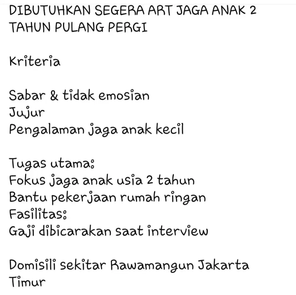 DICARI ASISTEN RUMAH TANGGA