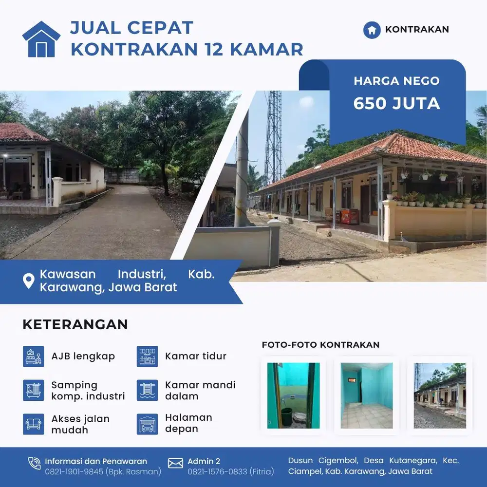 JUAL CEPAT KONTRAKAN 12 KAMAR 650JT NEGO