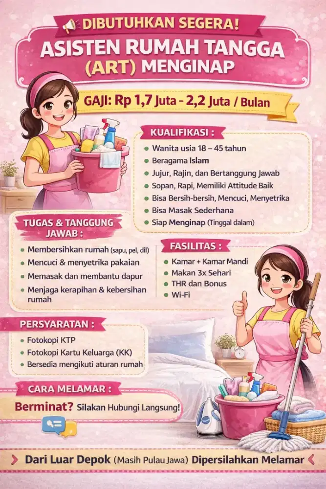 Dibutuhkan segera ART/ PRT / Asisten Rumah Tangga