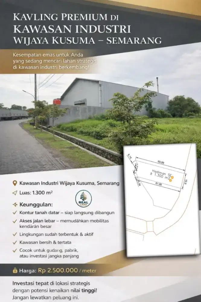 Kavling Industri Wijaya Kusuma Luas 1300M2 - Premium Langka Istimewa