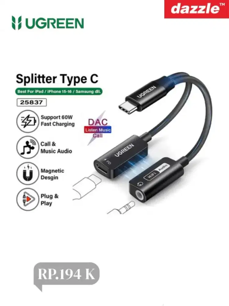 Splitter adapter type C to Jack 3, 5 & type C charger