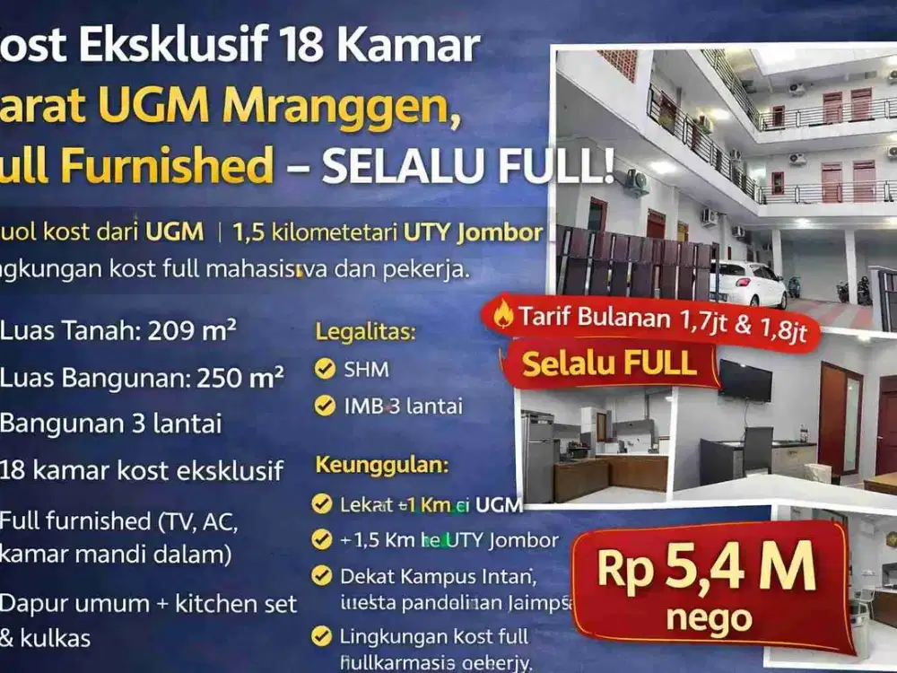 Kost Eksklusif 18 Kamar Barat UGM Mranggen, Full Furnished – Selalu Full!