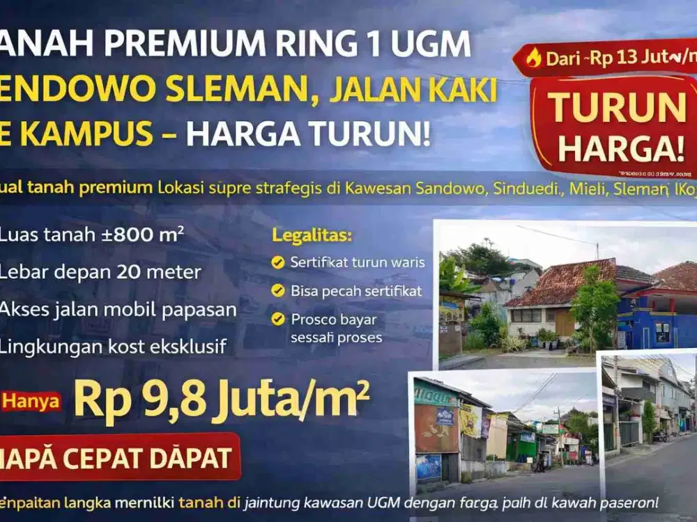Tanah Premium Ring 1 UGM Sendowo Sleman, Jalan Kaki ke Kampus – Harga Turun!