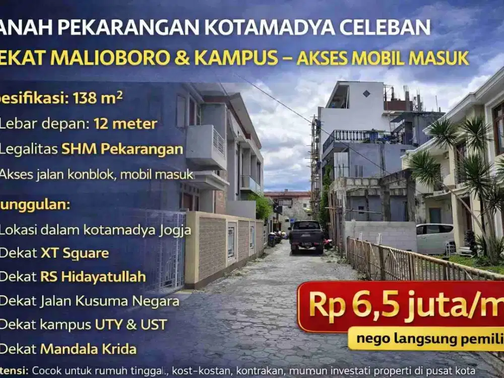 Tanah Pekarangan Kotamadya Celeban Dekat Malioboro & Kampus – Akses Mobil Masuk
