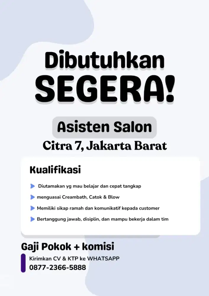 Di cari Therapist/asisten salon