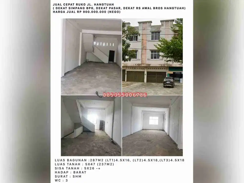 jual cepat ruko jl.hangtuah dekat pasar