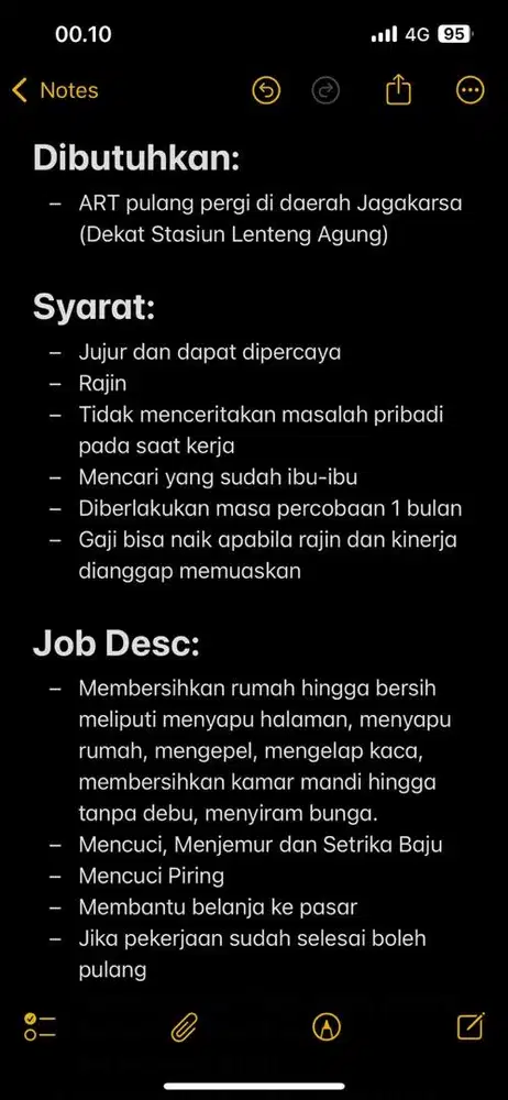 Dibutuhkan ART Pulang Pergi Jagakarsa