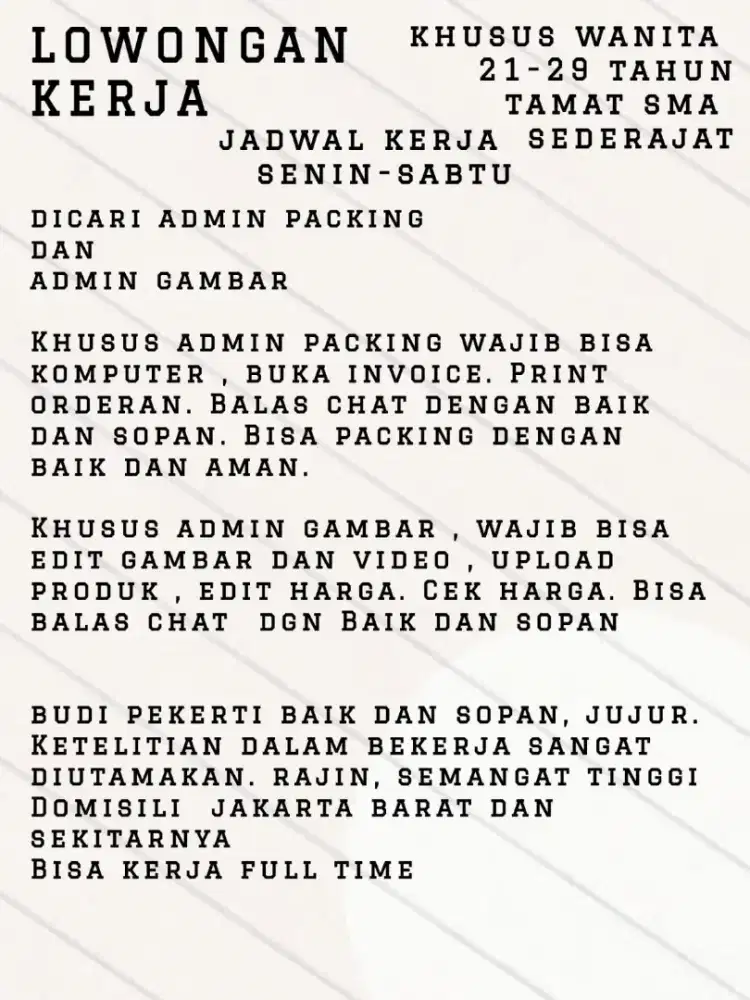 Lowongan kerja lowongan pekerjaan admin packing admin online wanita