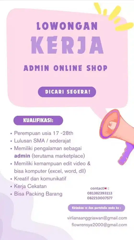 dicari admin online shop & host live