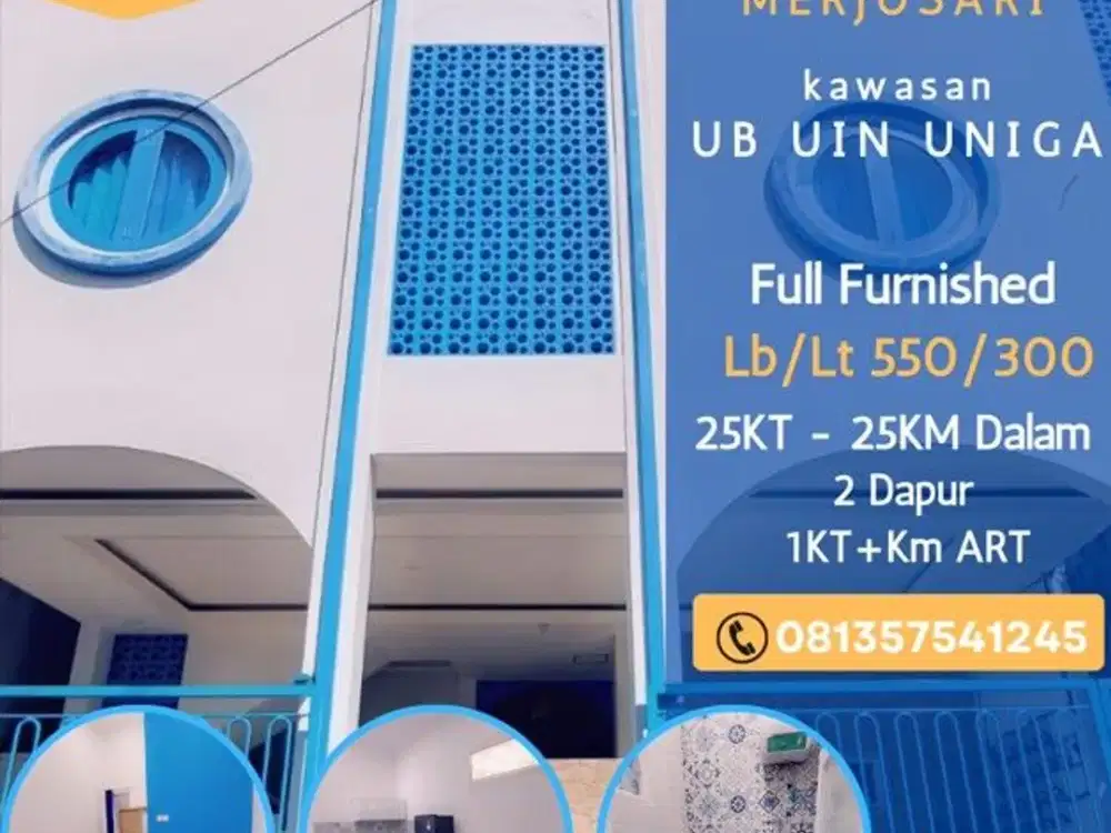 Rumah Kos aktif dijual merjosari kawasan UB UIN ITN 25KT+KMDalam Furnish 4,5M income 420jt