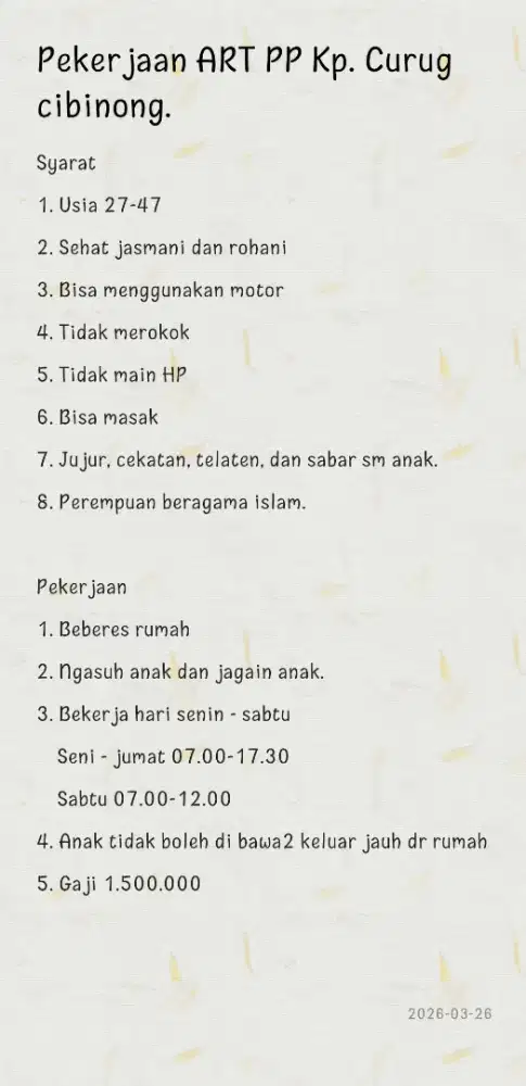 Mencari ART PP dekat rumah kp. Curug