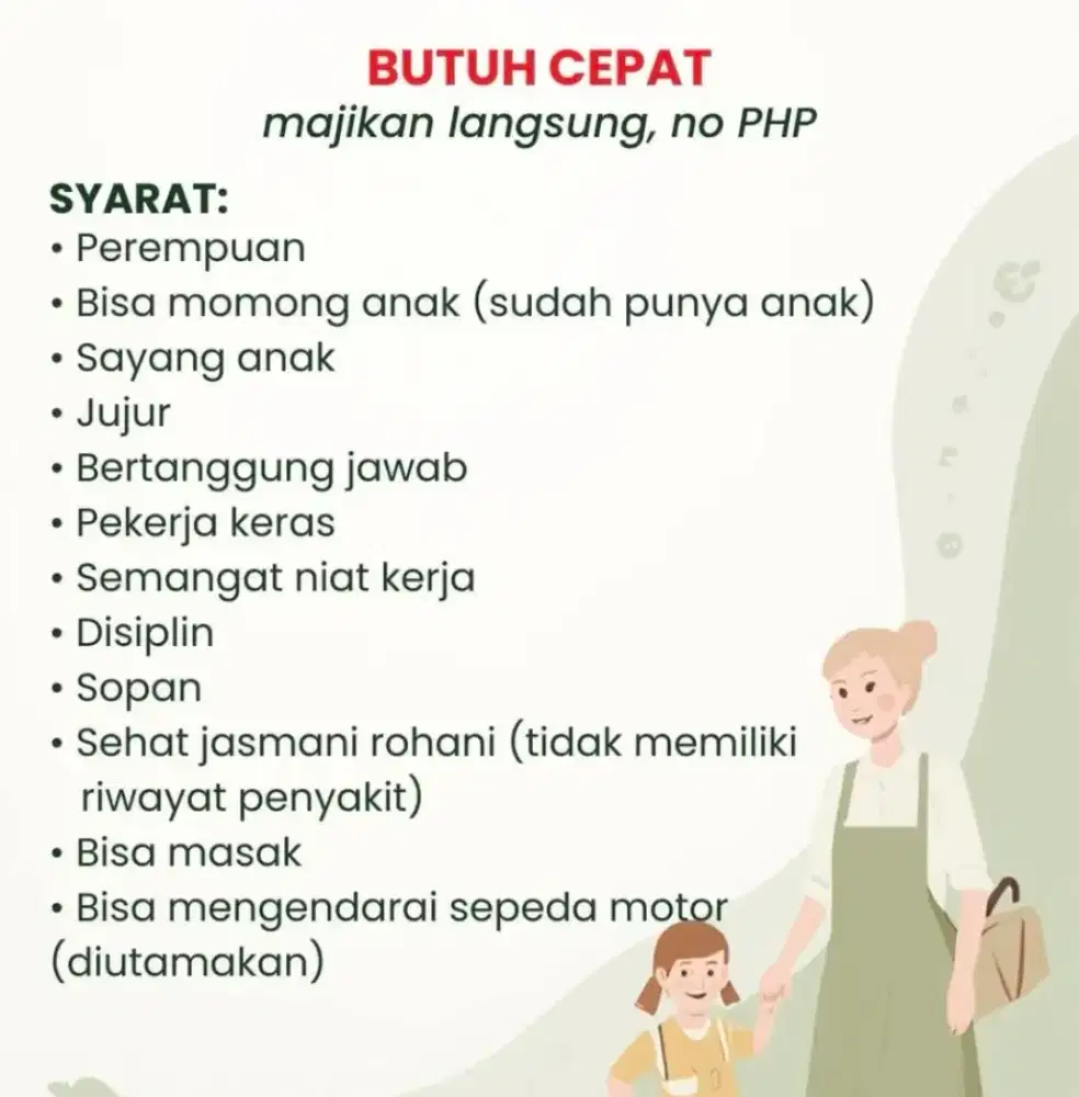 Dibutuhkan ART asisten rumah tangga untuk di baleendah