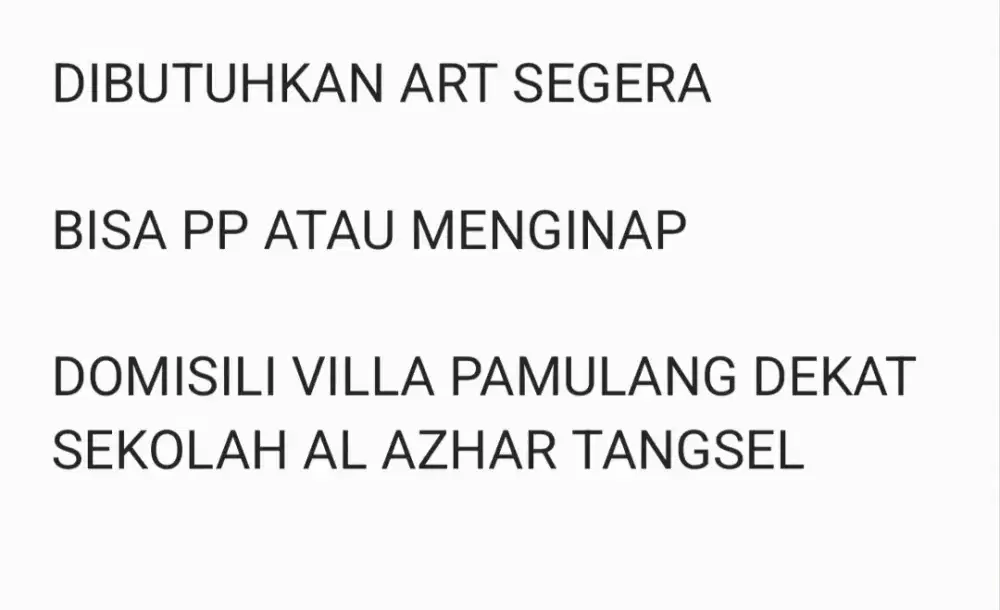 Dibutuhkan ART untuk dirumah