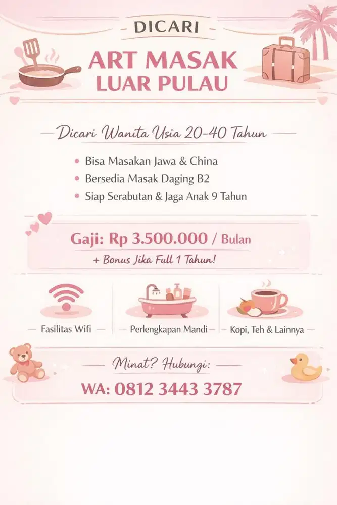 Lowongan kerja dicari ART MASAK luar pulau