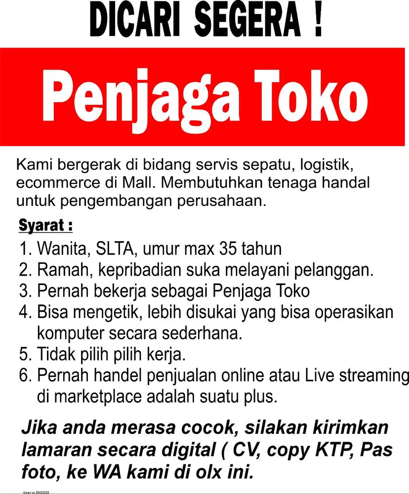 Dicari PENJAGA TOKO / CUSTOMER SERVICE
