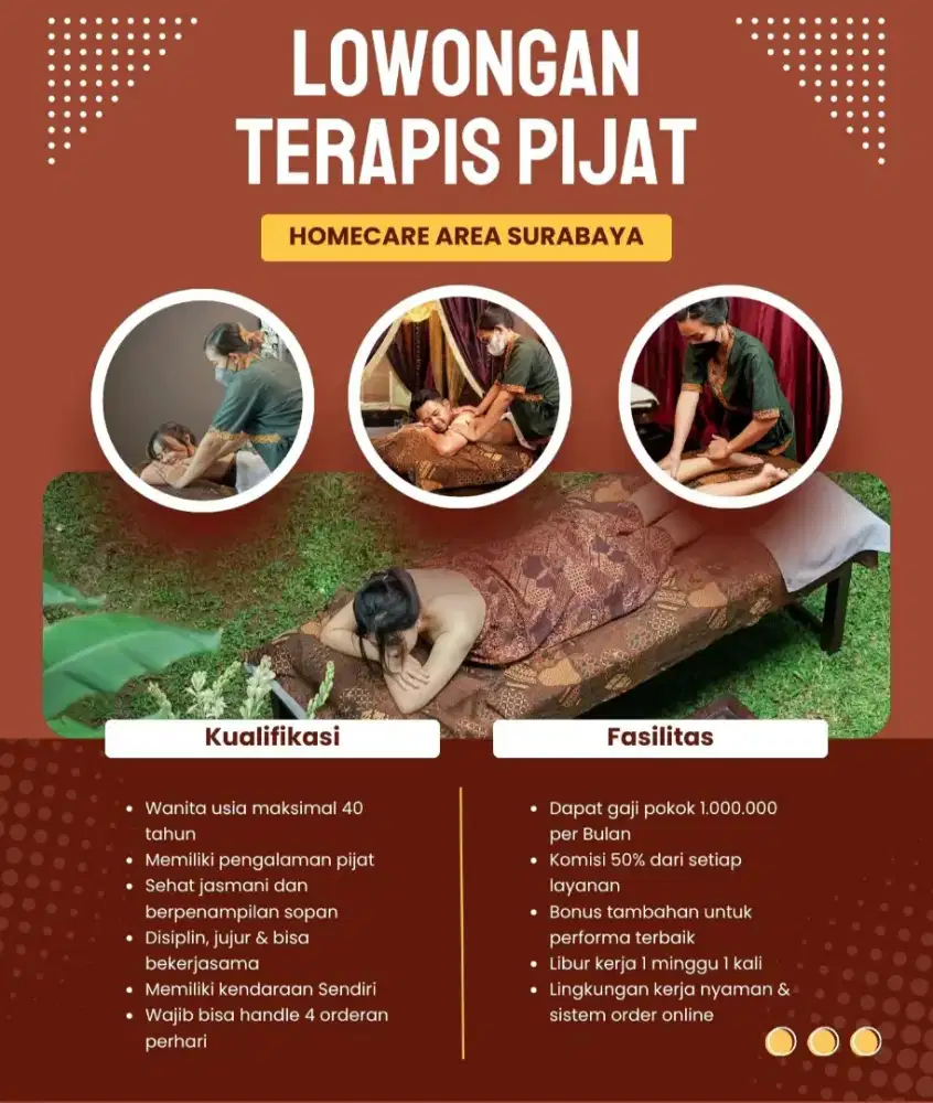 LOWONGAN KERJA TERAPIS PIJAT WANITA – HOME CARE SURABAYA