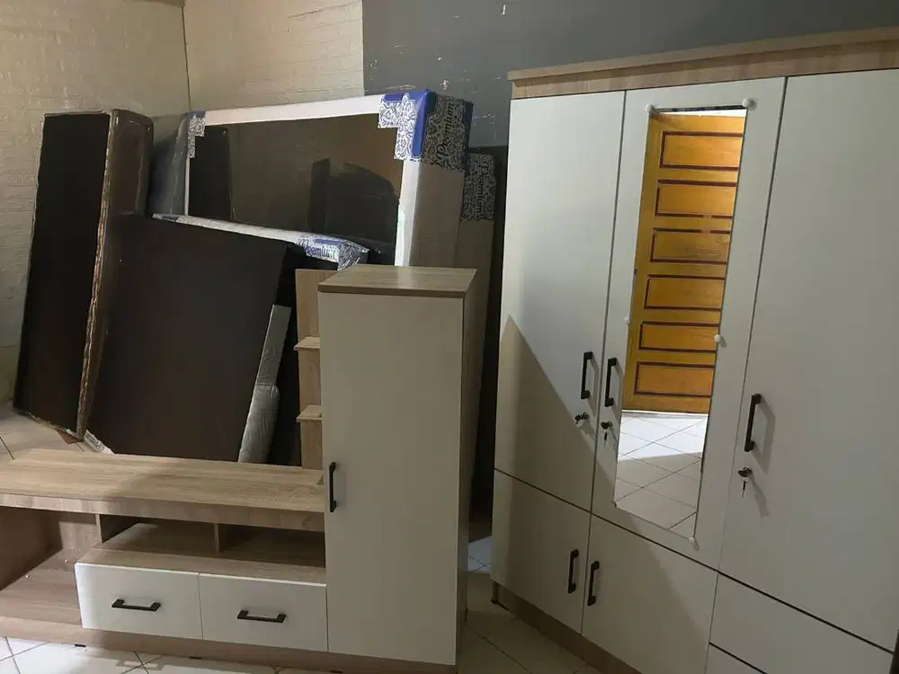 PROMO SET LEMARI PAKAIAN 3 PINTU DAN RAK TV MINIMALIS SALE TERMURAH