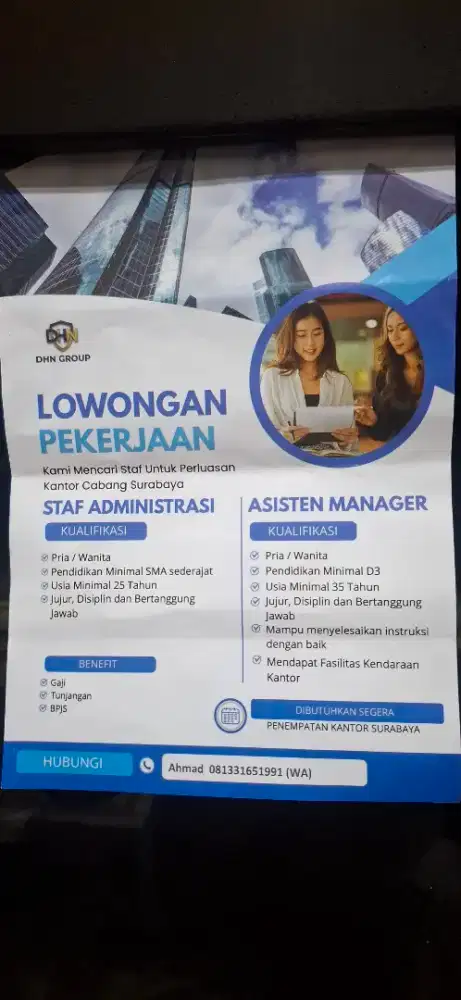 Dibutuhkan STAFF ADMIN Lokasi Surabaya